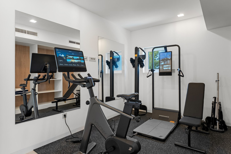 Private smart gym equipped with Speediance training equipment, cardio machines, and a functional workout area